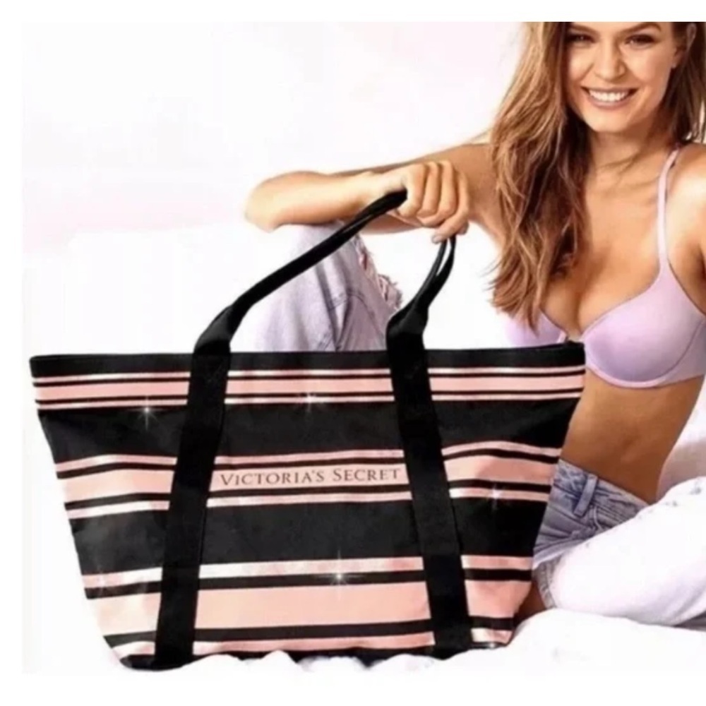 Victoria’s Secret NWT Carry On Beach Tote Shoulder Bag Rose Gold/Black Striped